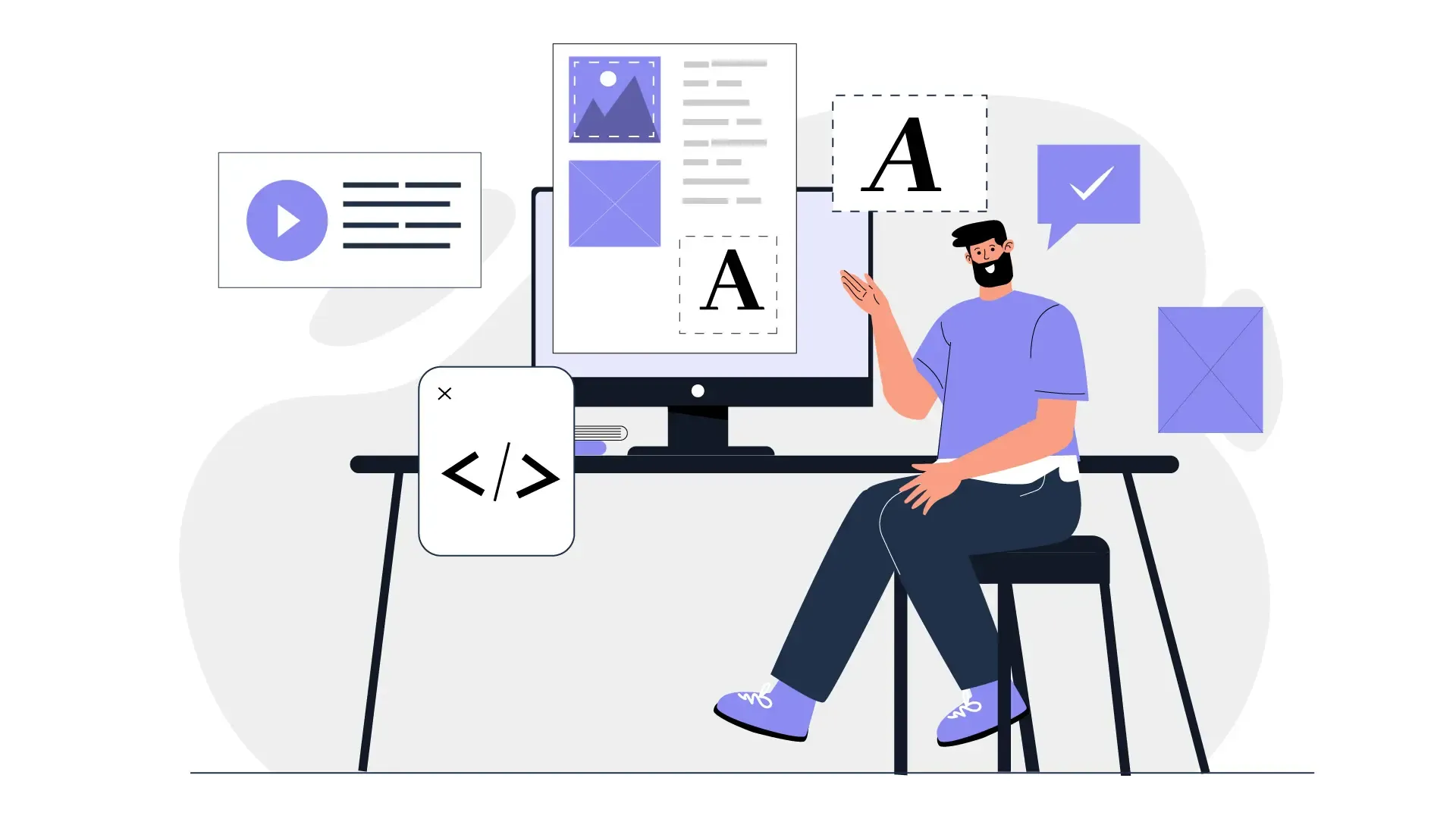 Man Explaining UI UX Design Concepts Using Desktop 2D Flat Illustration